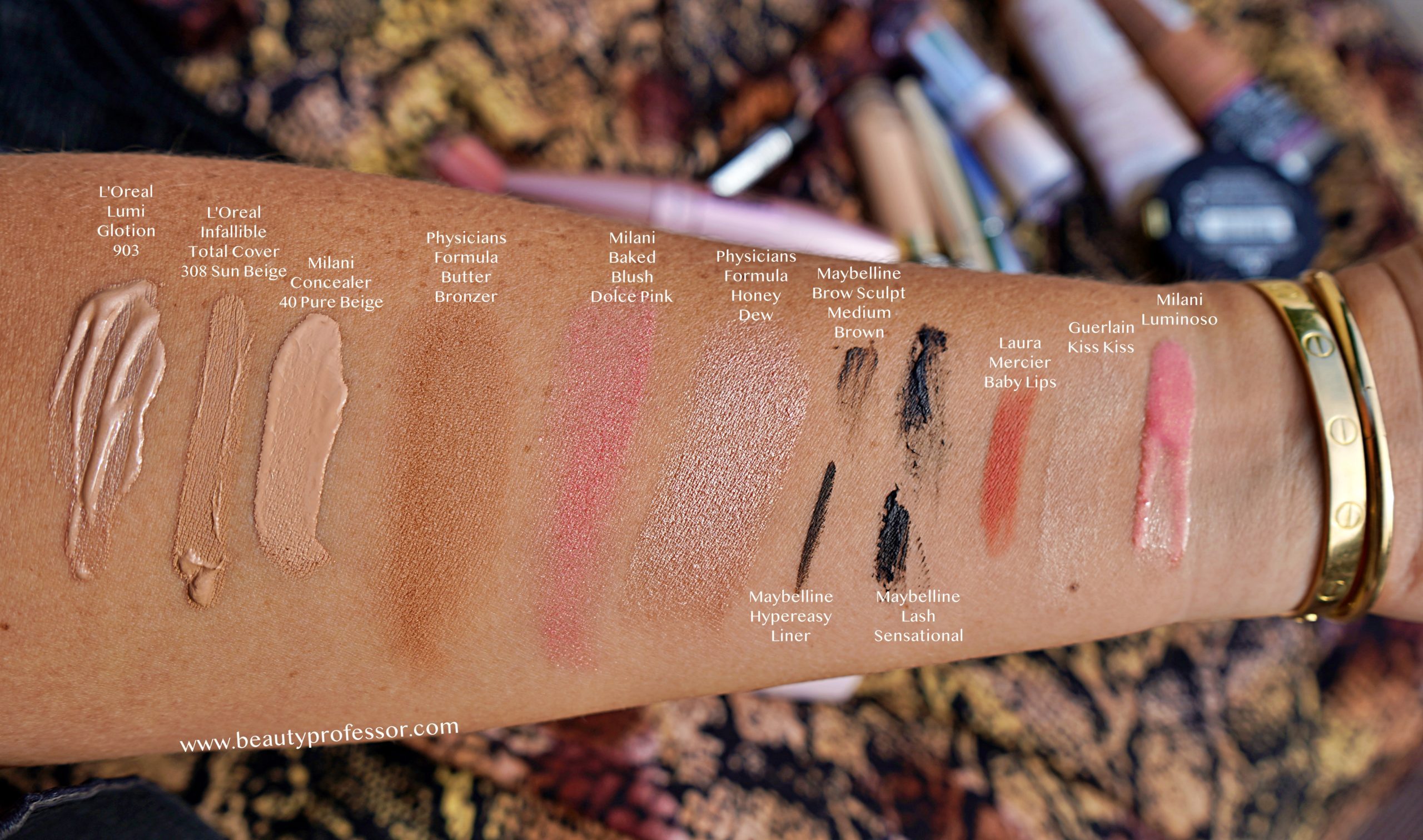 Swatches of the complete face makeup
