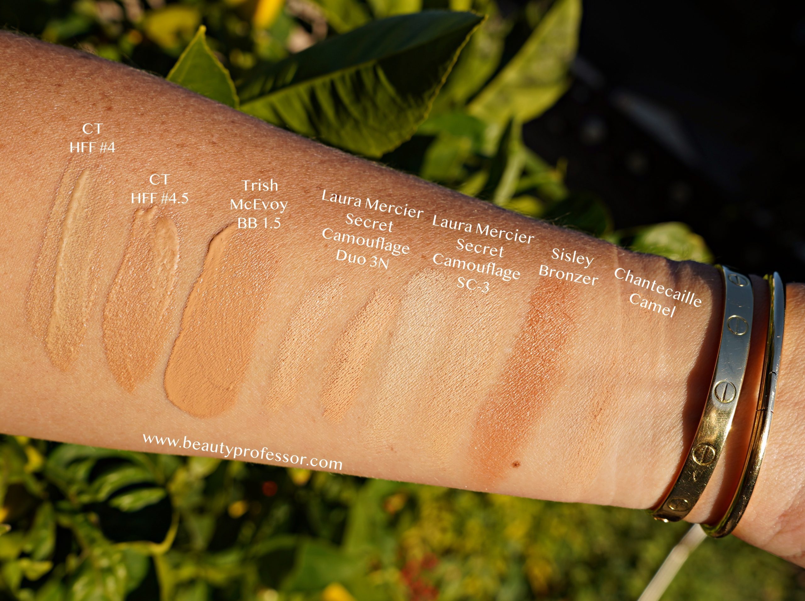 Face and base swatches in direct sunlight