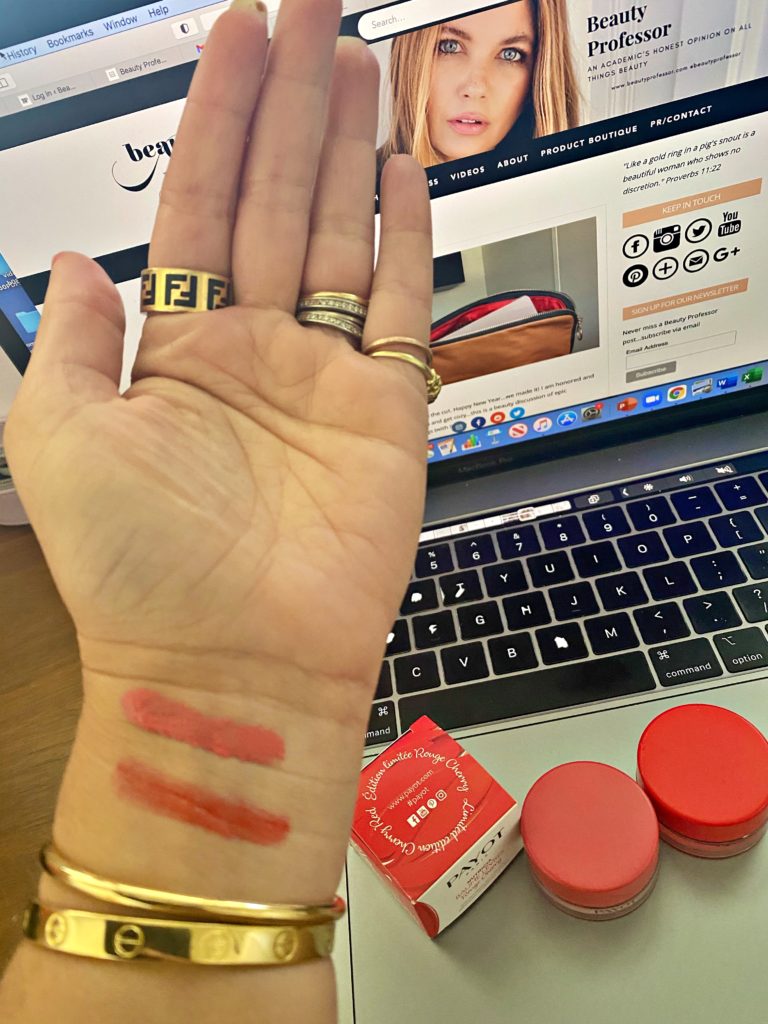 Swatches of Payot Candy Pink and Rouge Cherry
