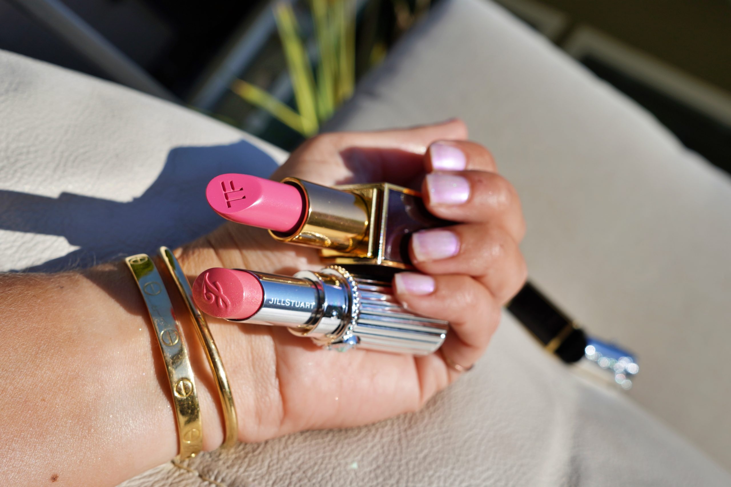 Tom Ford Lip Color in Pretty Persuasive and Jill Stuart Lip Blossom Shiny Satin 04 lipsticks.