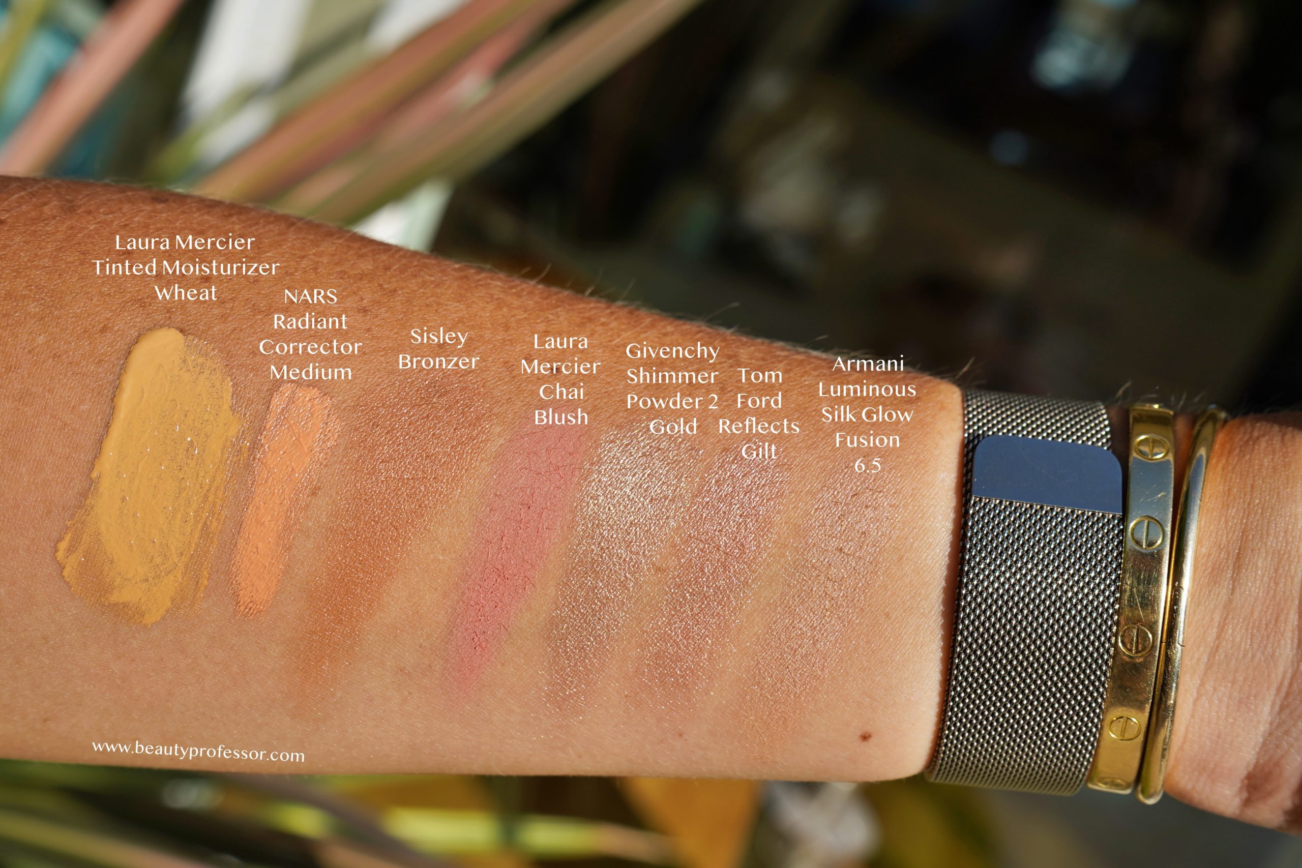 Base and face swatches in direct sunlight