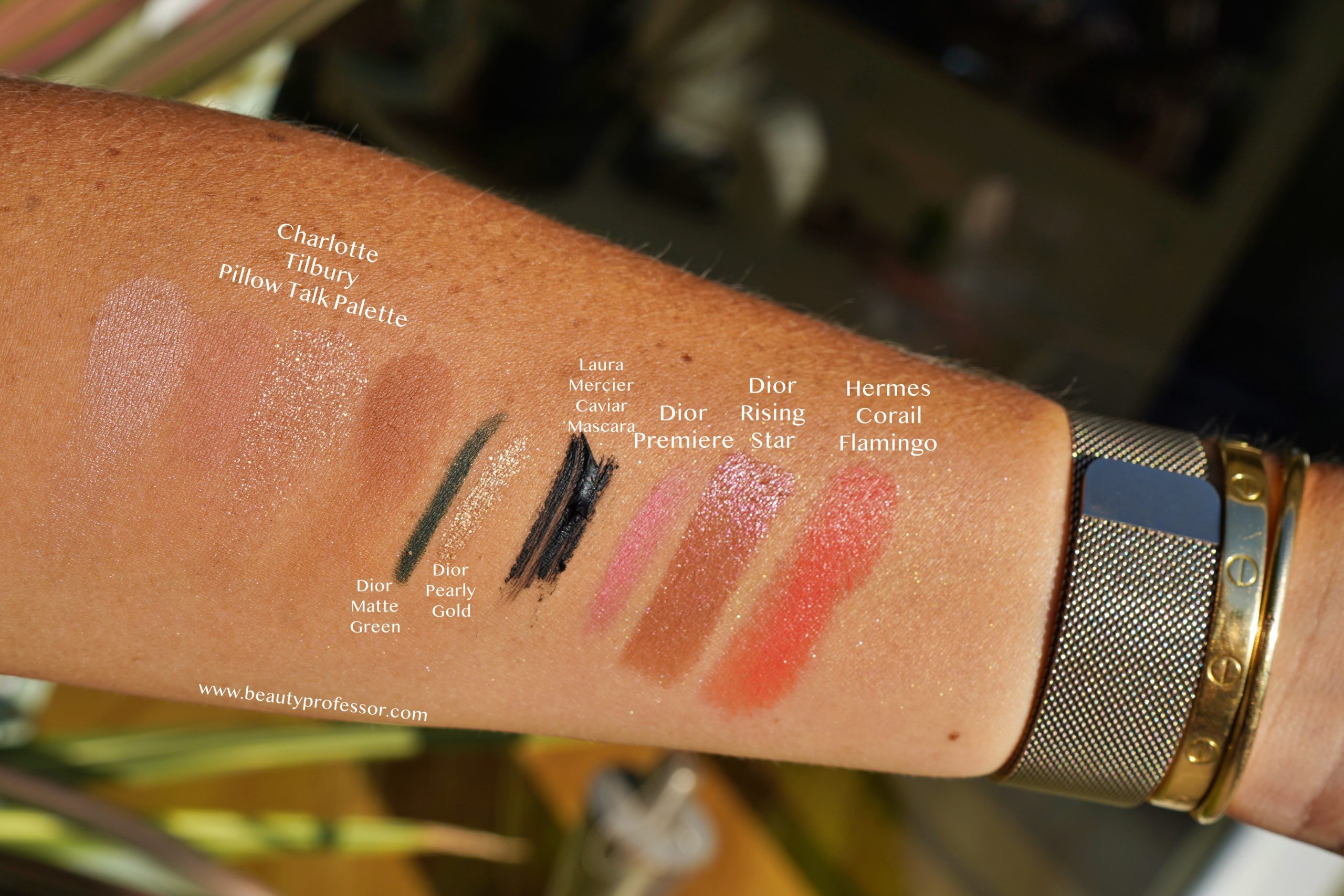 Eye and lip swatches in direct sunlight
