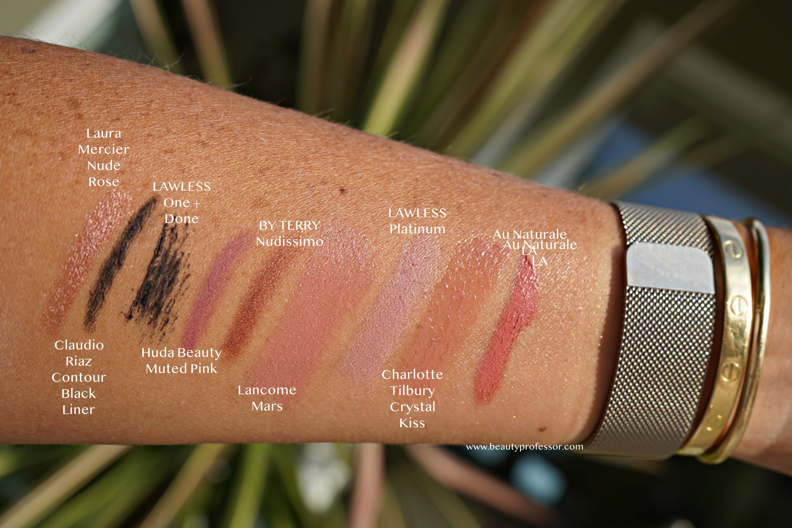 swatches of makeup for the lips and eyes