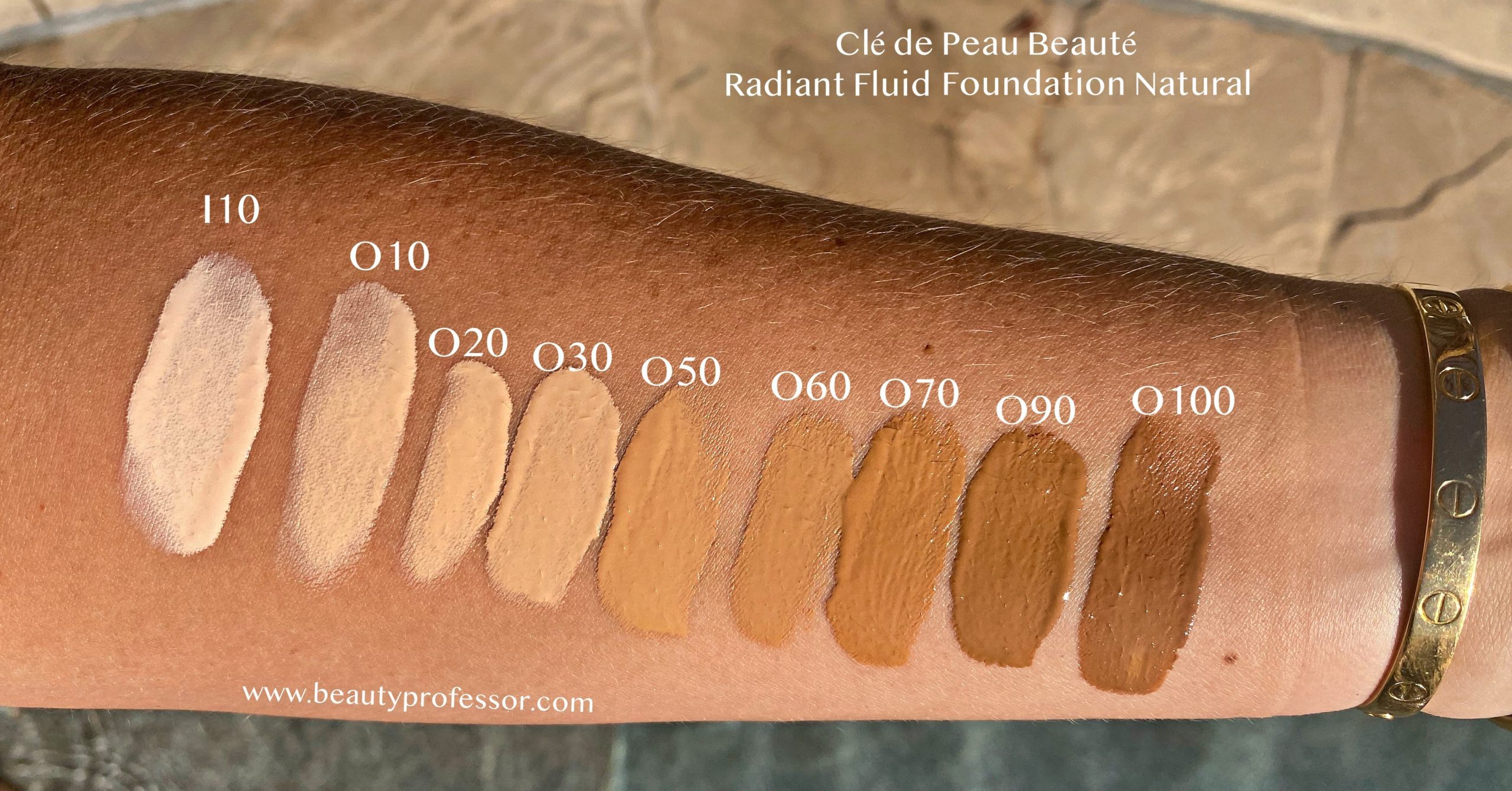 cle de peau radiant fluid foundation natural swatches on an arm