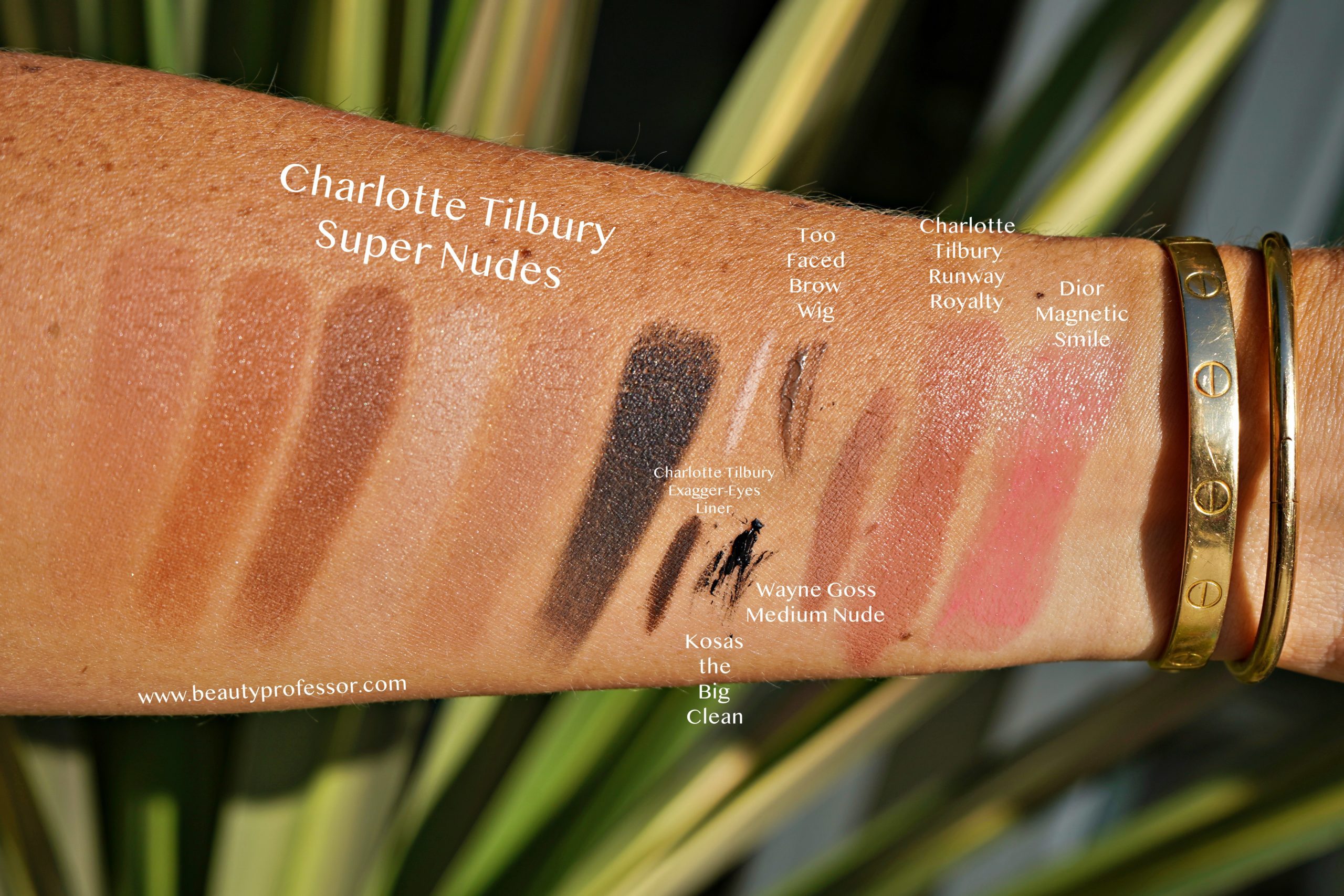 eyes and lips makeup swatches on the arm 