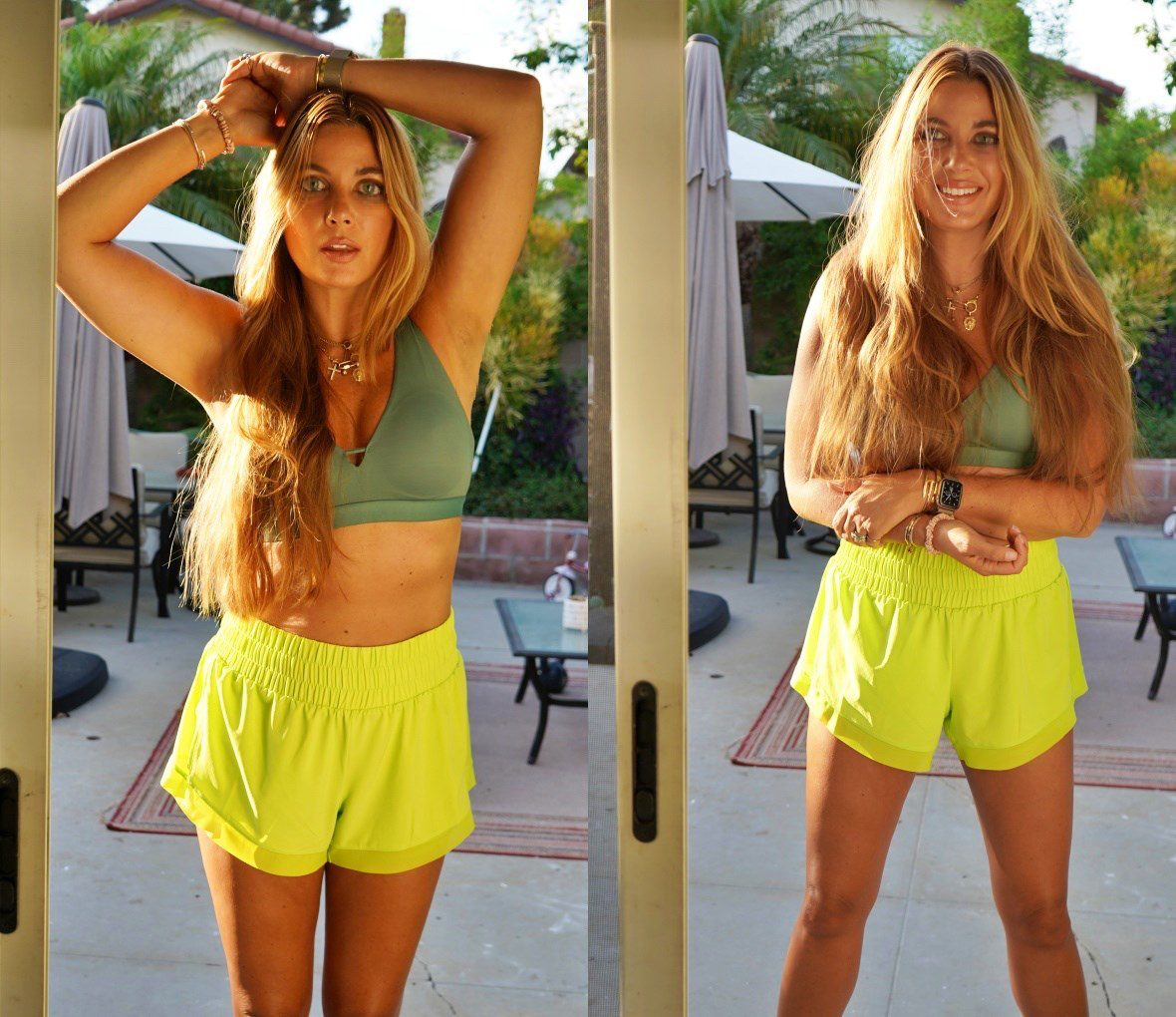 woman in activewear for everywhere wearing sports bra and neon shorts
