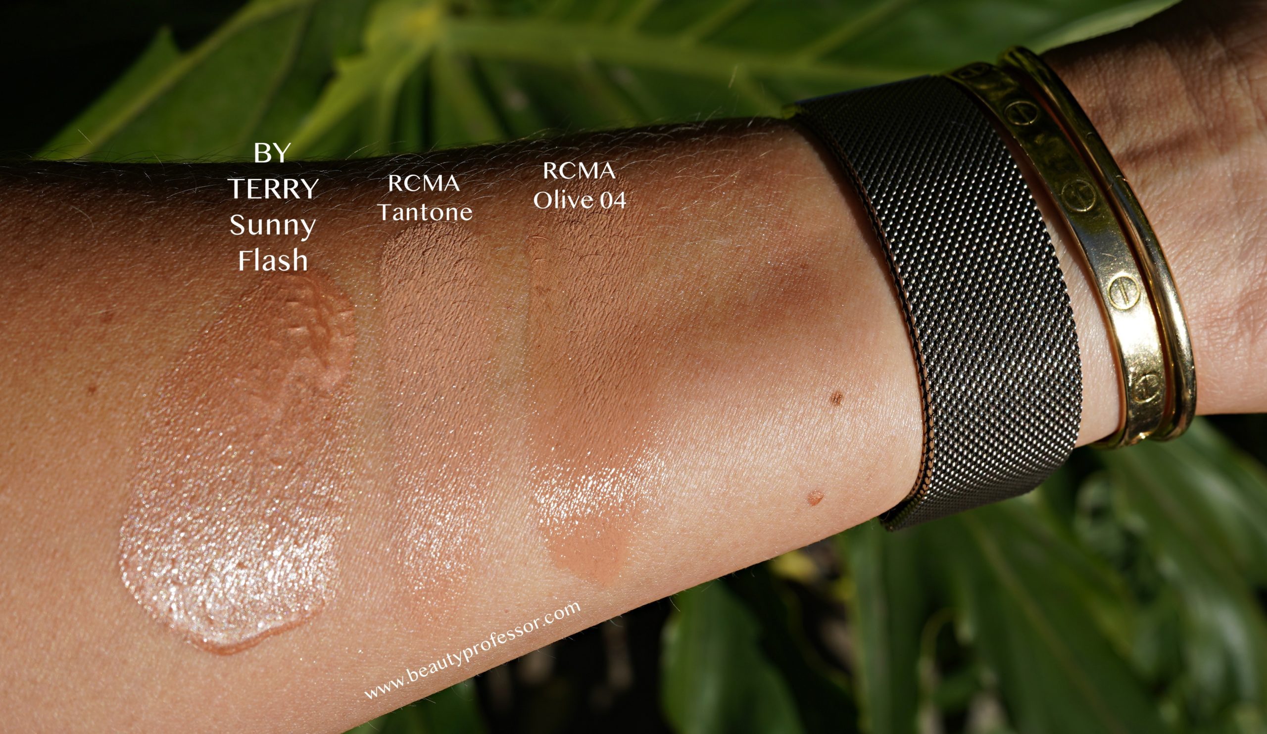 RCMA Makeup Color Process Foundation in OL-4 and Tantone swatch on the arm 