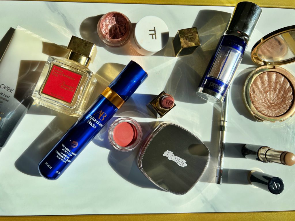 top view of beauty products from Neiman Marcus