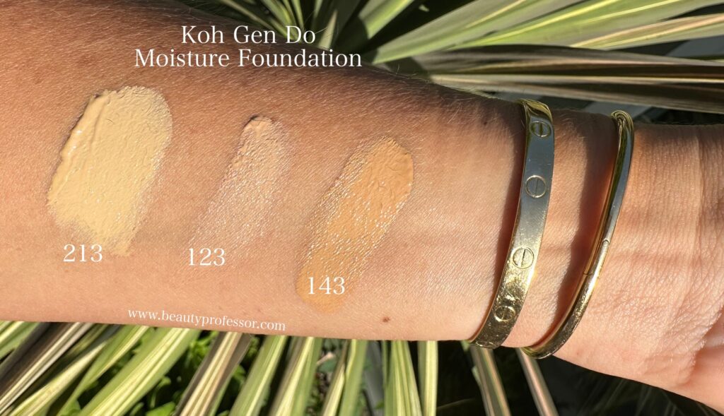 Swatches of the Koh Gen Do Moisture Foundation in direct sunlight 