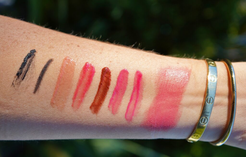 Swatches from L-R: Orlane Volume Care Mascara, Absolute Kajal Eye Pencil 01, Shining Lip Gloss in 02 Natural, 03 Dark Pink, 05 Bronze, 07 Rose Shimmer and 08 Cherry Shimmer and Stick Blush Creme Sun Glow 01
