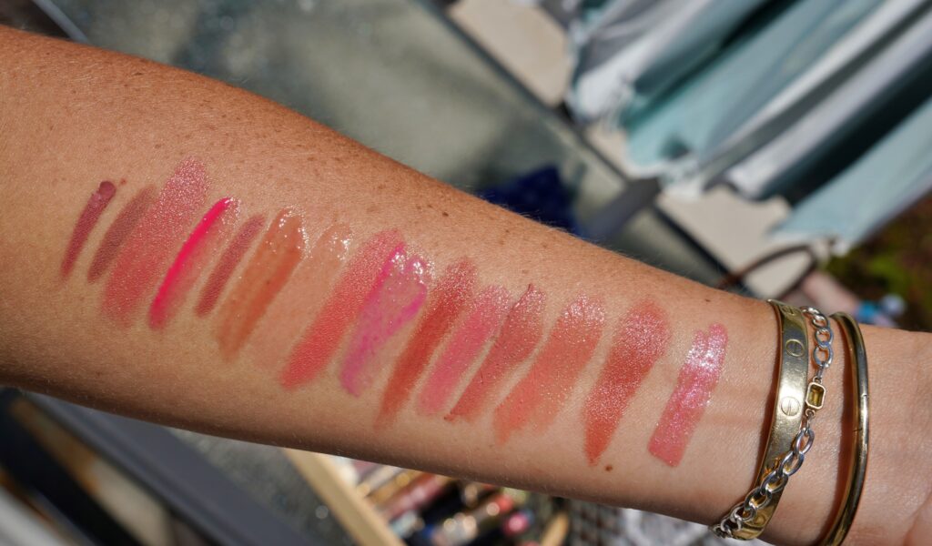 sunlit swatch of the different products and shades of the best Spring lip color 